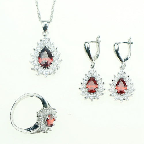 2017 Red Garnet Cubic Zirconia White Crystal Jewelery Sterling Silver 925 Jewelry Sets For Women Necklace/Earrings/Ring/Pendant