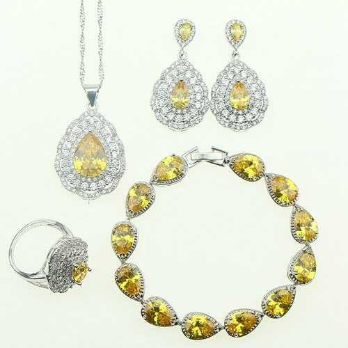 Fashion Women 925 Sterling Silver Jewelery Yellow Cubic Zirconia Crystal Earrings/Pendant/Necklace/Ring/Bracelet Jewelry Sets