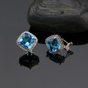 Square Sky Blue Zircon 925 Sterling Silver Jewelry Sets For Women Caucasian Wedding Earrings/Rings/Bracelet/Pendant/Necklace Set