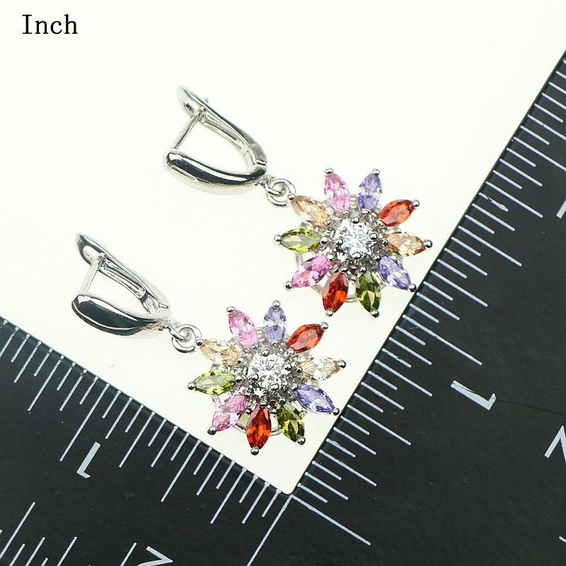 Flower With Multicolor Crystal Zircon 925 Sterling Silver Jewelry Sets For Women Earrings/Pendant/Necklace/Ring Free Gift Box