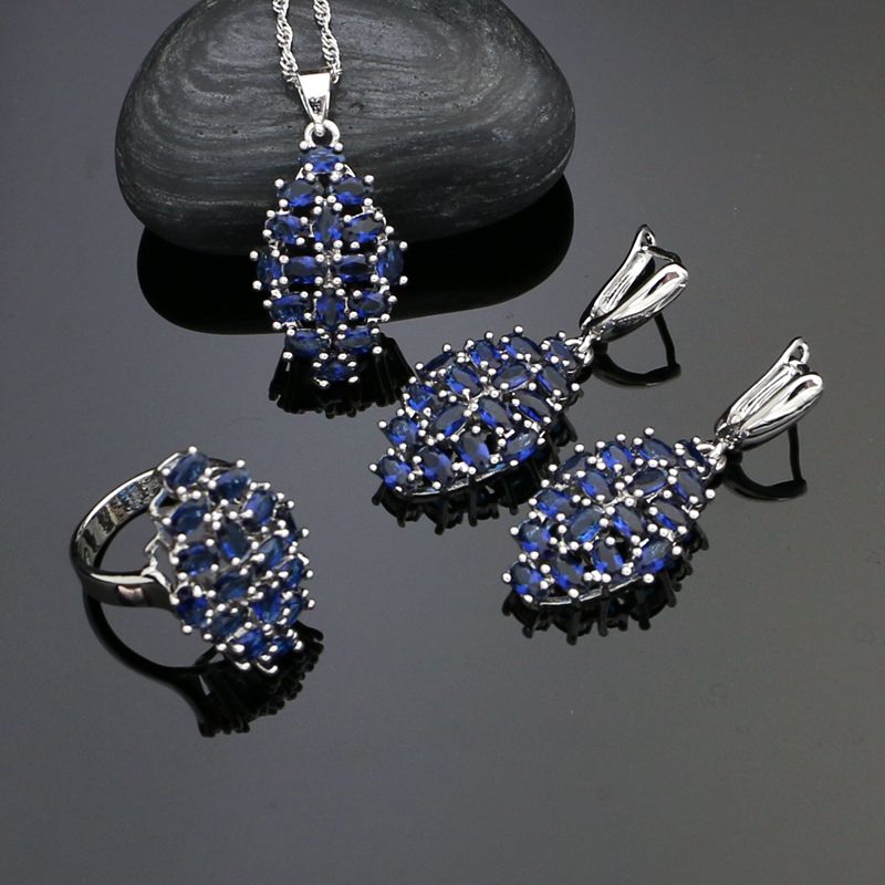 925 Sterling Silver Jewelry Sets Blue Cubic Zirconia For Women Party Accessories Earrings/Rings/Pendant/Necklace Set