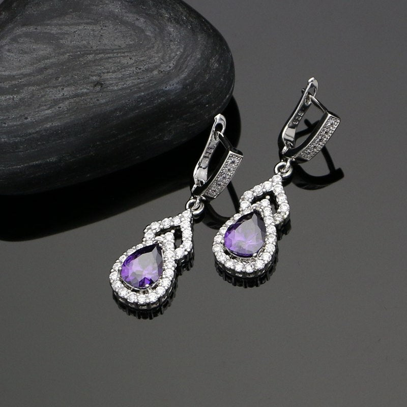 925 Sterling SilverJewelry Purple CZ White Crystal Jewelry Sets Decoration For Women Wedding Open Ring Earrings Necklace Set