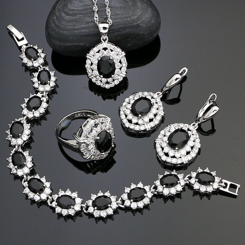 Punk 925 Sterling Silver Jewelry Sets For Women Decoration Black Stone White Crystal Earrings/Pendant/Necklace/Ring/Bracelet 