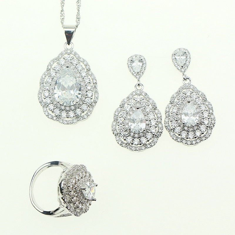 Fashion Women Sterling Silver 925 Jewelery White Cubic Zirconia Crystal Earrings/Pendant/Necklace/Ring Jewelry Sets 