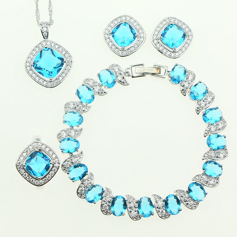 Natural Sky Blue Zircon 925 Sterling Silver Jewelry Sets For Women Wedding Earrings/Rings/Bracelet/Necklace Free Gift Box