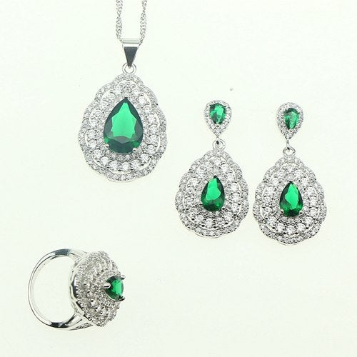 Fashion Women 925 Sterling Silver Jewelery Green Cubic Zirconia Crystal Earrings/Pendant/Necklace/Ring Jewelry Sets