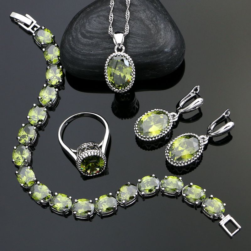 925 Silver Jewelry Sets For Women Party Decoration Olive Green Cubic Zirconia Earrings/Bracelet/Necklace/Pendant/Ring Set