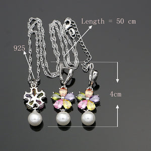 Silver 925 Jewelry Freshwater Pearls Multicolor Zircon Stone Jewelry Sets For Women Wedding Earrings/Pendant/Ring/Necklace Set