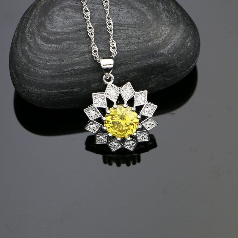 Flower 925 Sterling Silver Bridal Jewelry Sets For Women Yellow Cubic zirconia White Crystal Earrings Pendant Ring Necklace