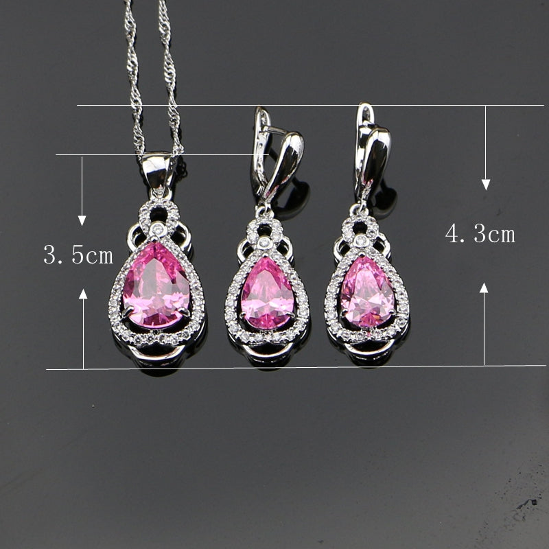 Pink Zircon White CZ Wedding 925 Sterling Silver Jewelry Sets For Women Earrings/Rings/Bracelet/Pendant/Necklace Set