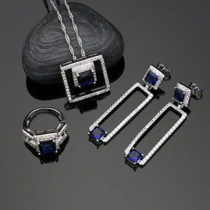 Mystic Blue Cubic Zirconia White Crystal Silver 925 Jewelry Sets For Women Wedding Weeding Earrings/Pendant/Ring /Necklace Set