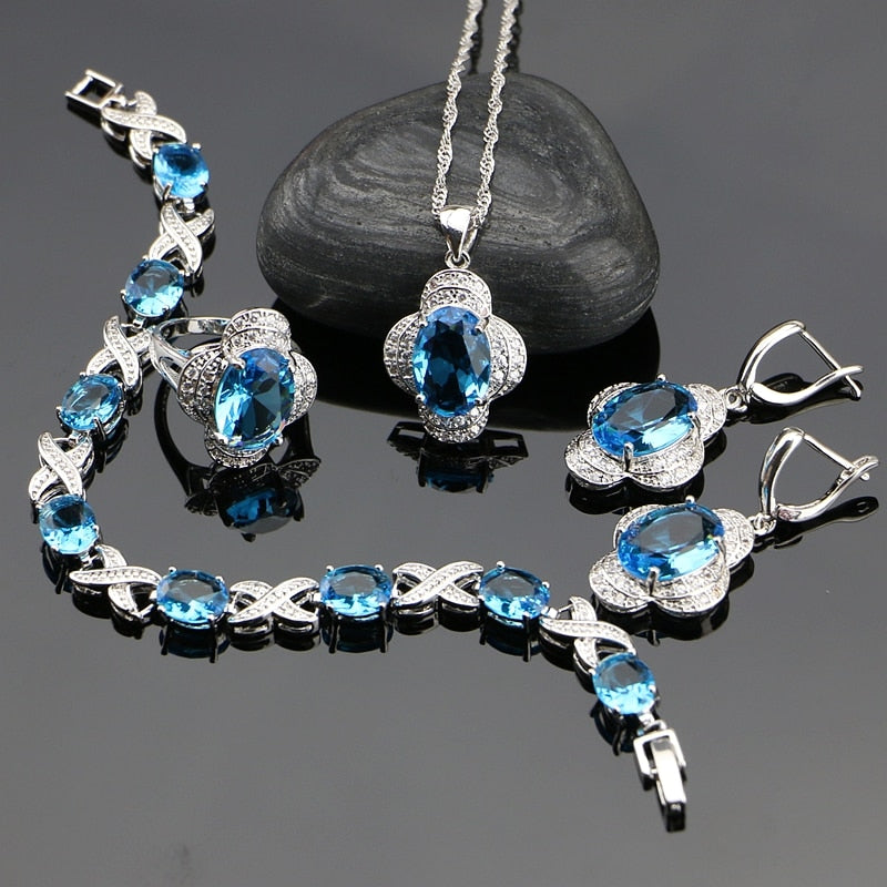 Natural Sky Blue Cubic Zirconia Stone 925 Silver Jewelry Sets For Women Wedding Earrings/Rings/Bracelet/Pendant/Necklace Set