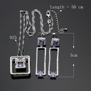 Hyperbole Square 925 Silver Jewelry Purple CZ White Crystal Jewelry Sets For Women Wedding 4pcs Necklace Set