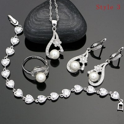 Flower Cubic Zirconia Silver 925 Jewelry Freshwater Pearls Jewelry Sets For Women Wedding Earrings With Stone Pearl Necklace Set