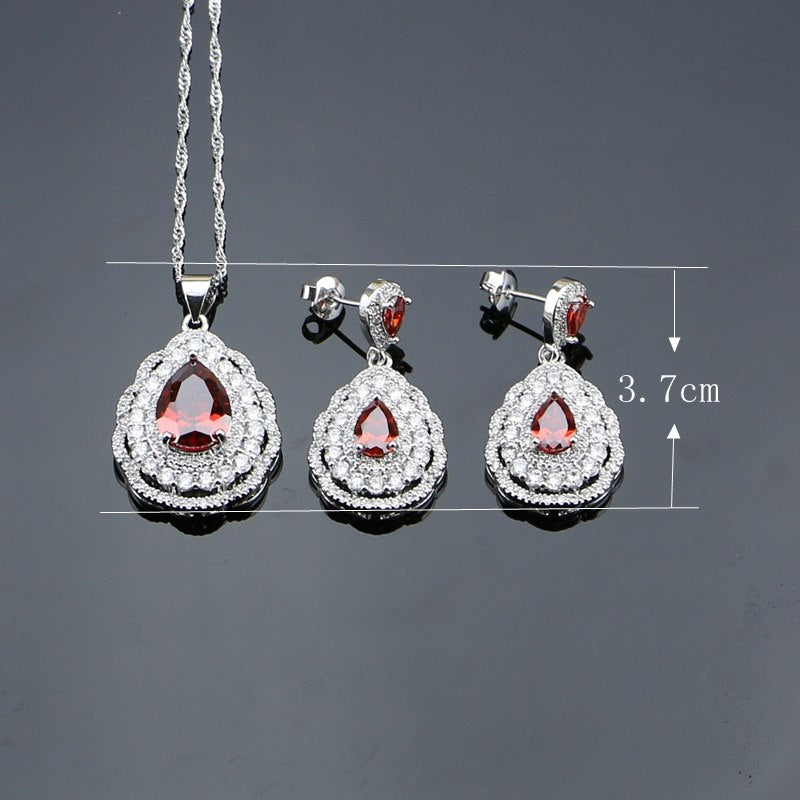 Women 925 Sterling Silver Jewelery Red Cubic Zirconia White Beads Earrings/Pendant/Ring/Bracelet/Necklace Set