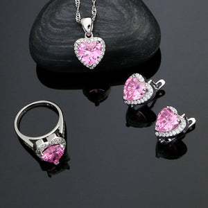 Heart Shaped 925 Silver Bridal Jewelry Sets Pink Cubic Zirconia White Crystal For Women Earrings/Rings/Pendant/Necklace Set