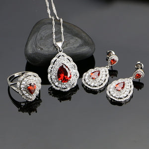 Fashion Women Sterling Silver 925 Jewelery Red Garnet Cubic Zirconia Crystal Earrings/Pendant/Necklace/Ring Jewelry Sets 