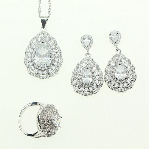 Fashion Women Sterling Silver 925 Jewelery White Cubic Zirconia Crystal Earrings/Pendant/Necklace/Ring Jewelry Sets