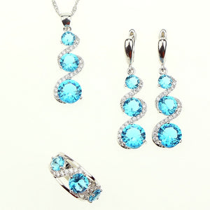 New Women Jewelry Sets 925 Sterling Silver Sky Blue Created Crystal White Zircon Earrings/Pendant/Necklace/Ring Free Gift Box