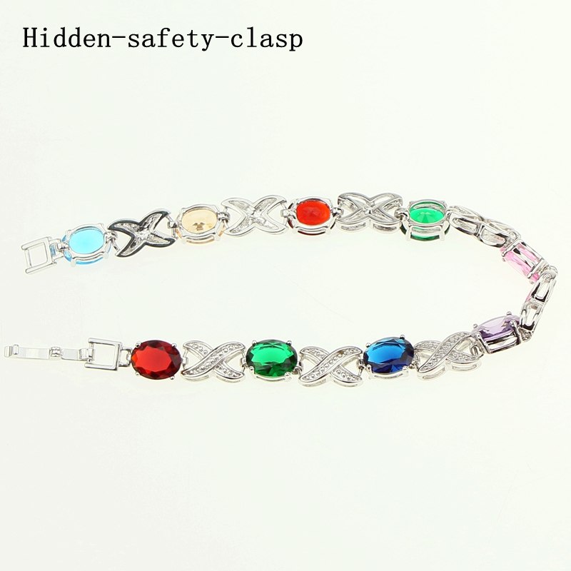 Multicolor Multigem Cubic Zirconia jewelry 925 Sterling Silver Jewelry Link Chain Bracelet Length 18.5cm Free Gift Box