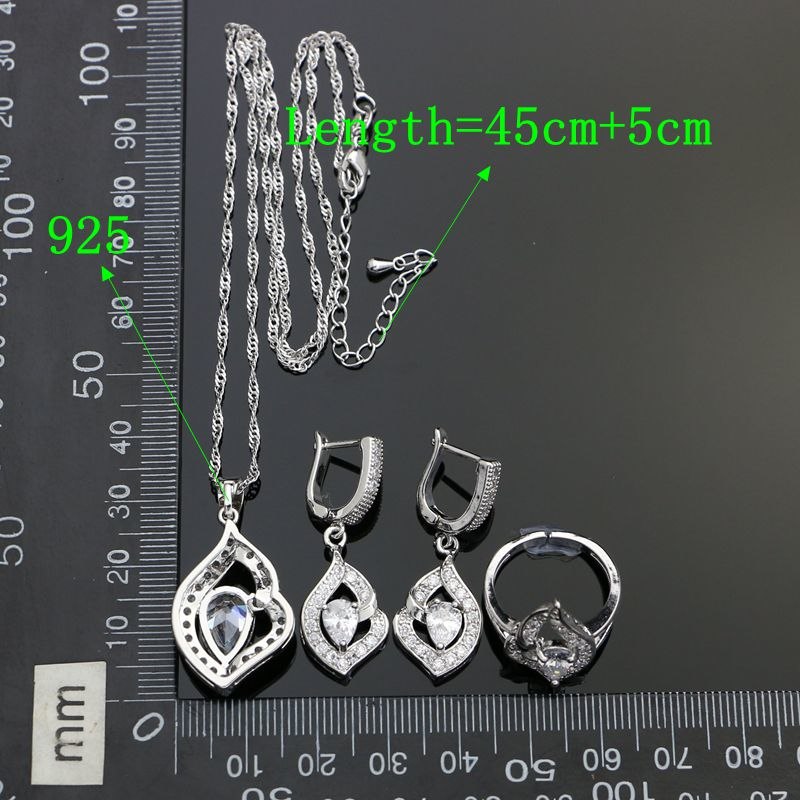 925 Silver Bridal Jewelry Sets Wedding Decoration White Cubic Zirconia Earrings Open Ring Necklace Pendant Set For Bride