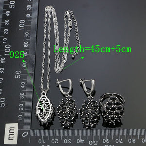 925 Silver Jewelry Sets For Women Party Accessories Black Cubic Zirconia Earrings Ring Necklace Pendant