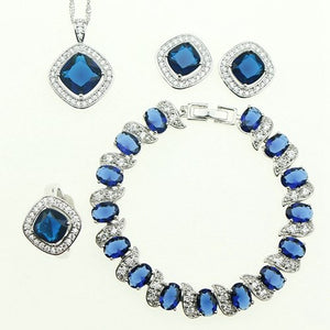 Bride 925 Silver Jewelery Blue Cubic Zirconia White Crystal Jewelry Sets For Women Earrings/Pendant/Necklace/Ring/Bracelet