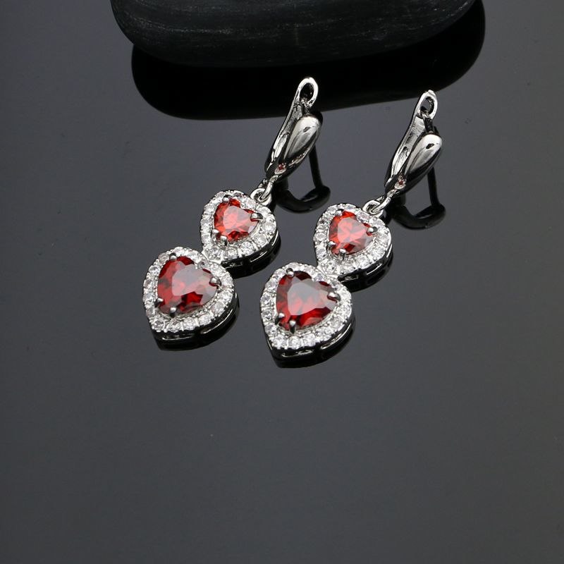 925 Sterling Silver Bridal Jewelry Sets For Women Heart Shaped Red Stone White Crystal Earrings/Rings/Pendant/Necklace Set