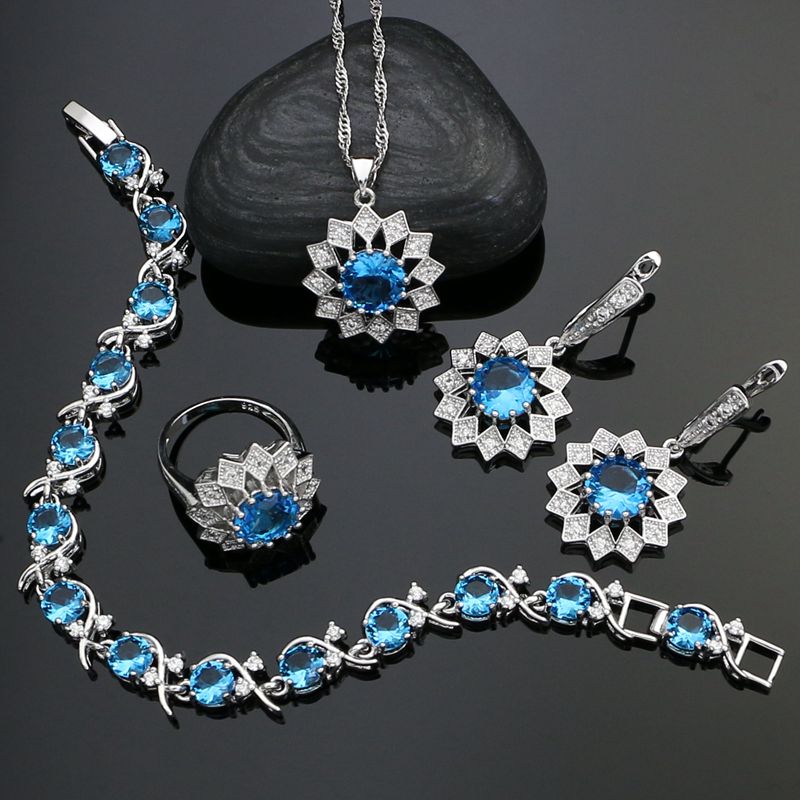 925 Sterling Silver Party Jewelry Sets With Sky Blue And White Cubic Zirconia Earrings/Pendant/Necklace/Ring/Bracelet For Women