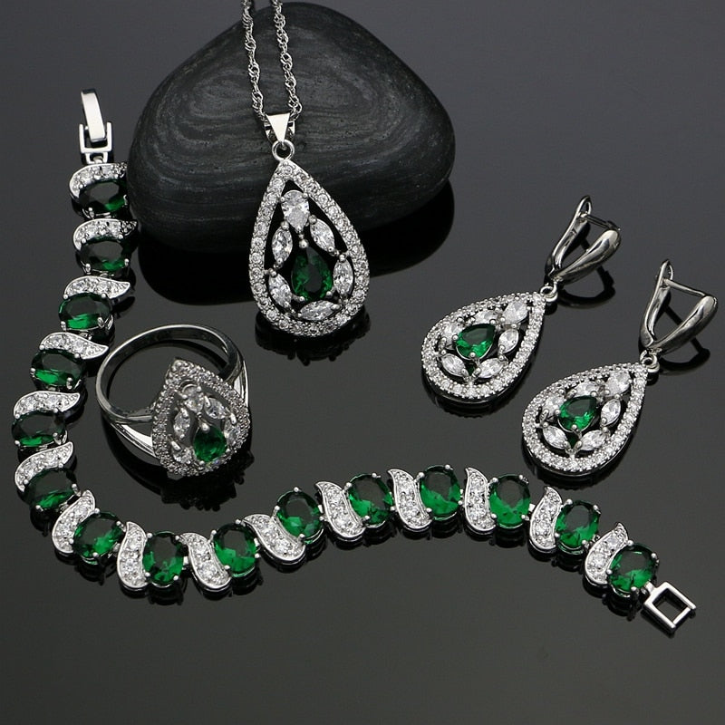 Green Cubic Zirconia White Crystal Jewelery 925 Sterling Silver Jewelry Sets Earrings/Pendant/Necklace/Ring/Bracelet For Women