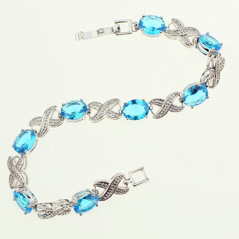 925 Sterling Silver Bridal Bracelet For Women Sky Blue Cubic zirconia Wedding Decoration 