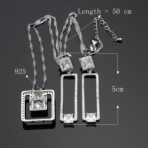 Luxury Silver 925 Jewelry White Crystal Jewelry Sets For Women Wedding Square Long Earrings/Pendant/Rings/Necklace Set