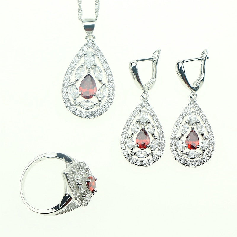 New Wedding Red Garnet Cubic Zirconia Crystal Jewelery Sterling Silver 925 Jewelry Sets For Women Necklace/Pendant/Earrings/Ring