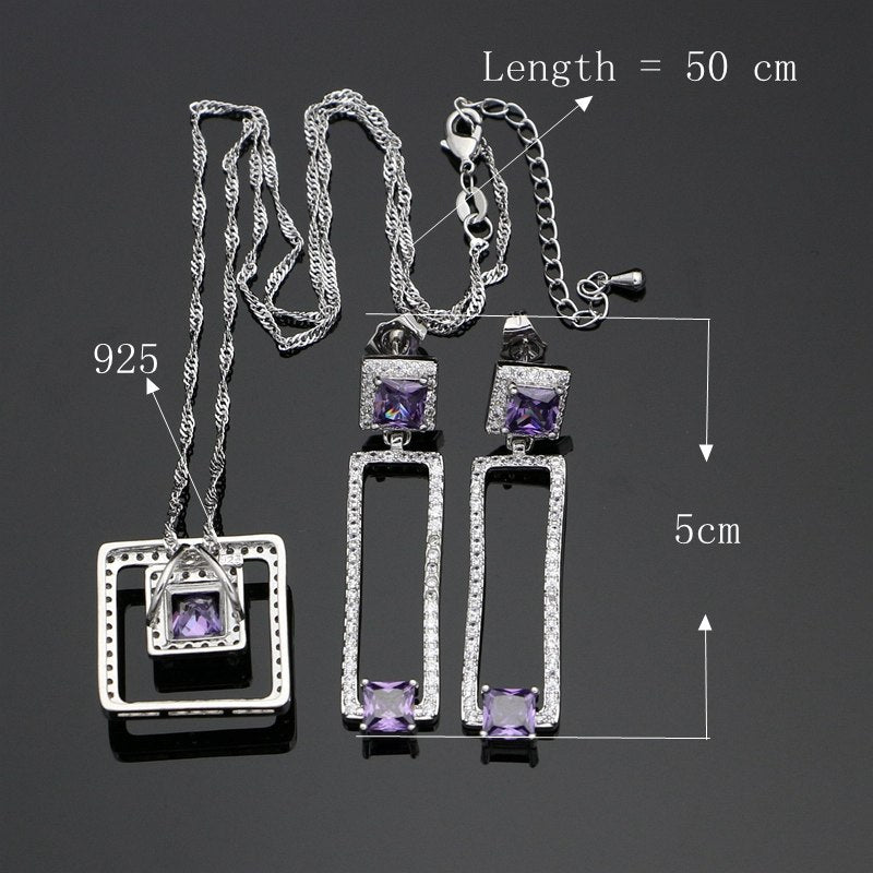 925 Silver Jewelry Sets Purple Cubic Zirconia White Crystal Decoration For Women Wedding Earrings/Pendant/Rings/Necklace Set