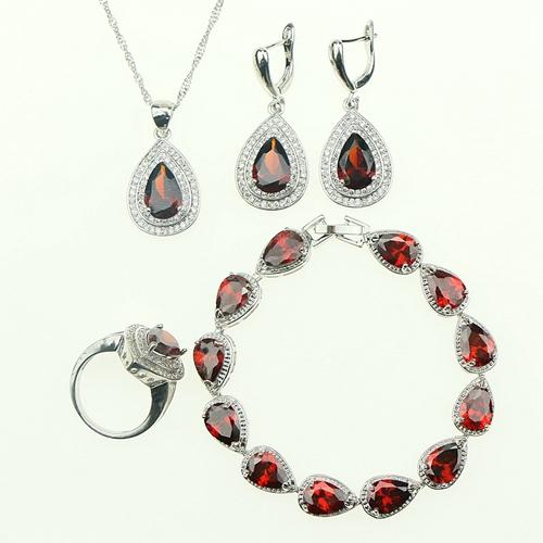 Water Drop Red Garnet White Zircon 925 sterling silver Jewelry Sets Necklace/Pendant/Earrings/Rings/Bracelet For Women Free Box