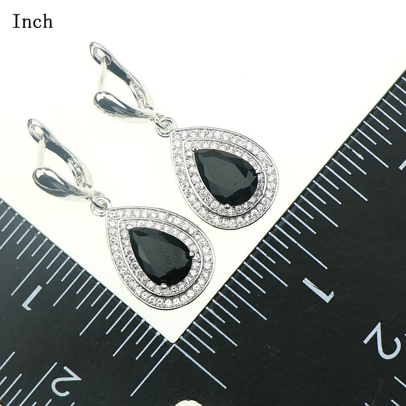 White Zircon Black Crystal Created Water Drop Sterling Silver 925 Jewelry Set Necklace/Pendant/Earrings/Ring For Women Free Box