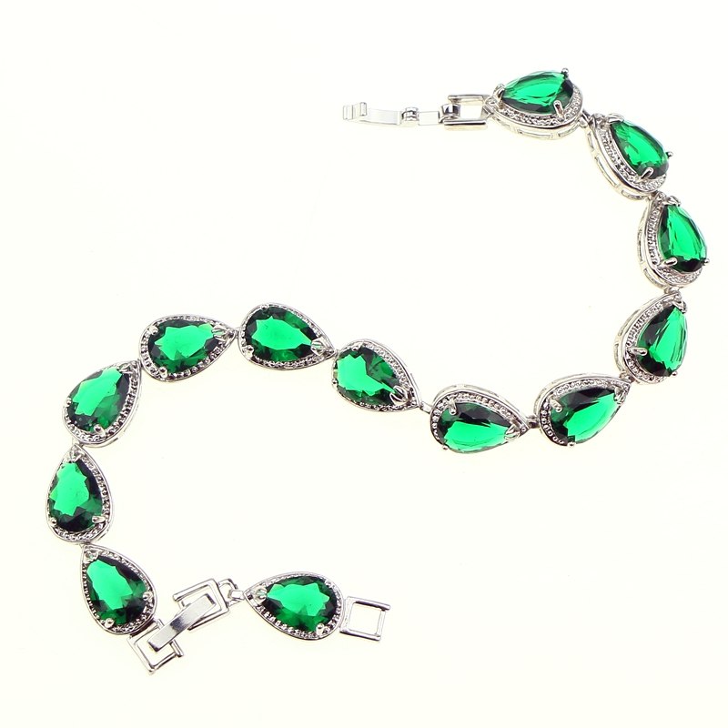 Water Drop Simulated Green CZ Jewelery 925 Sterling Silver Jewelry Link Chain 18cm 21cm Bracelet For Women Free Gift Box