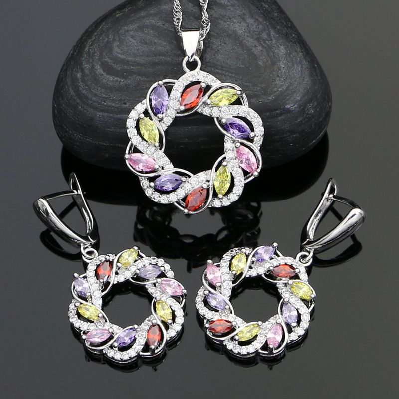 925 Sterling Silver Bridal Jewelry Sets Multicolor Cubic Zirconia Earrings/Necklace/Pendant Set For Women Wedding Accessories