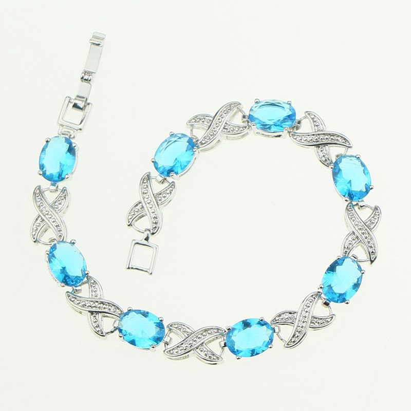 925 Sterling Silver Bridal Bracelet For Women Sky Blue Cubic zirconia Wedding Decoration 