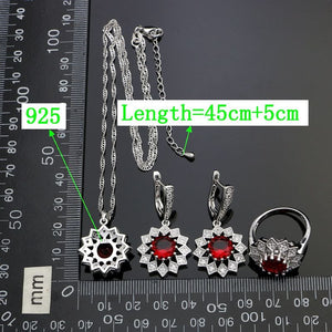 925 Sterling Silver Wedding Jewelry Sets For Bride Red Stone White Crystal Earrings/Pendant/Necklace/Ring/Bracelet Set