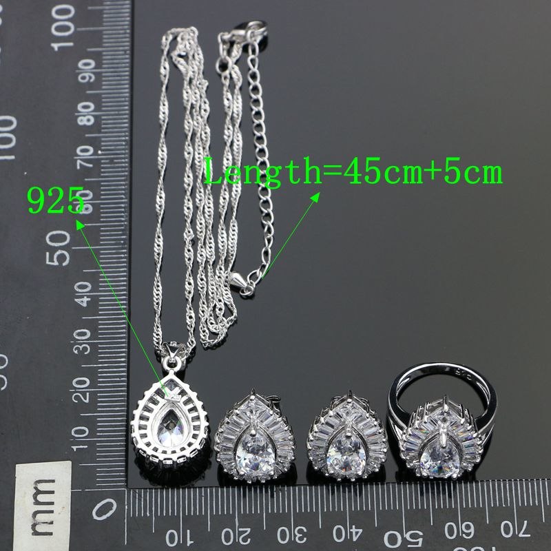 Silver 925 Bridal Jewelry Sets For Women White Cubic Zirconia Water Drop Earrings Ring Necklace Pendant Set