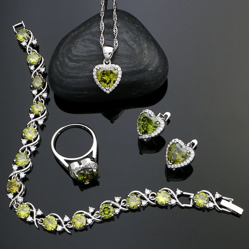 Heart Stones 925 Sterling Silver Jewelry Sets For Women Olive Green White Cubic Zirconia Earrings/Pendant/Necklace/Ring/Bracelet