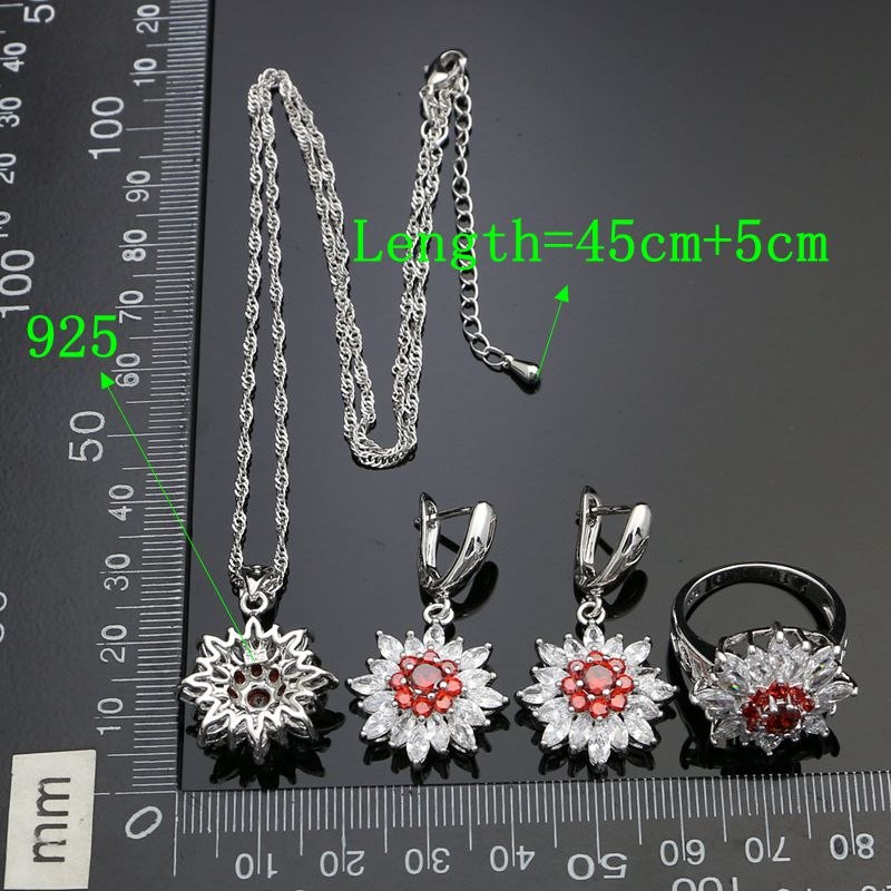 Cute Silver 925 Wedding Jewelry Sets For Women Red Cubic Zirconia White Crystal Earrings/Rings/Pendant/Necklace Set