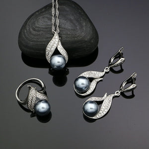 Grey Pearls Silver 925 Bridal Jewelry Sets White CZ Accessories For Women Wedding Earrings/Pendant/Ring/Necklace Set