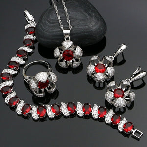 Mystic Silver 925 Jewelry Natural Red Stones White CZ Beads Bridal Jewelry Sets For Women Wedding Earrings Ring Necklace Set 