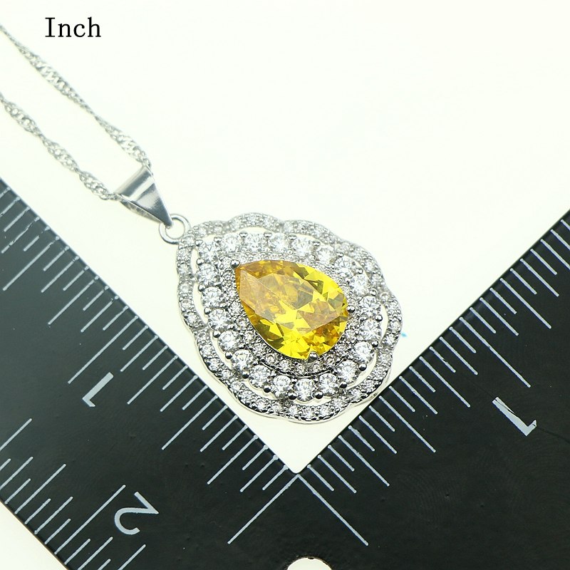 Fashion Women 925 Sterling Silver Jewelery Yellow Cubic Zirconia Crystal Earrings/Pendant/Necklace/Ring Jewelry Sets 