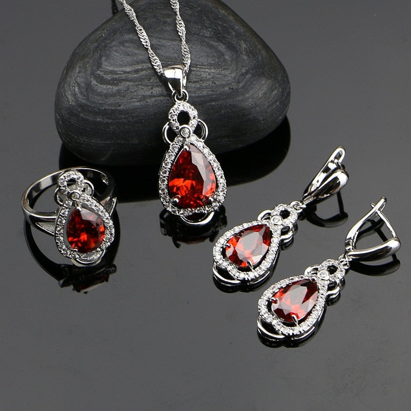 Silver 925 Jewelry Sets Red Cubic Zirconia With White Beads For Women Weeding Earrings/Pendant/Necklace/Ring