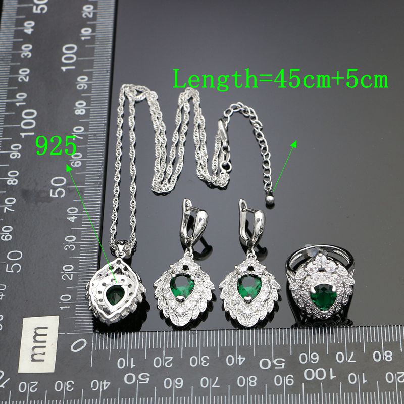 Bridal 925 Sterling Silver Jewelry Sets For Women Green Cubic Zirconia White Crystal Earrings Pendant Ring Necklace