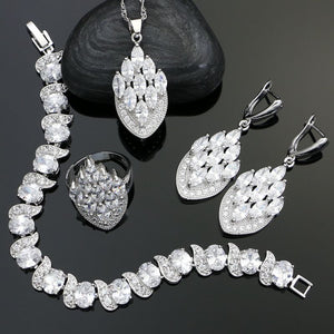 925 Sterling Silver Bridal Jewelry Sets For Women White Cubic Zirconia Crystal Earrings/Ring/Bracelet/Necklace/Pendant Set