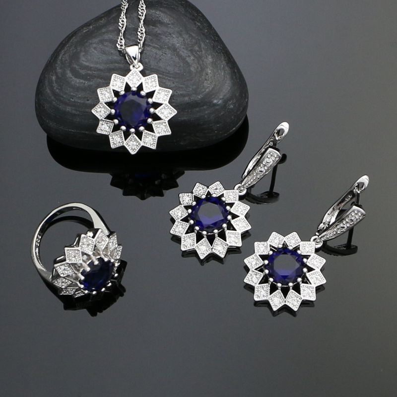 Silver 925 Jewelry Sets With Blue Stones White Crystal Party Earrings Ring Necklace Pendant For Women